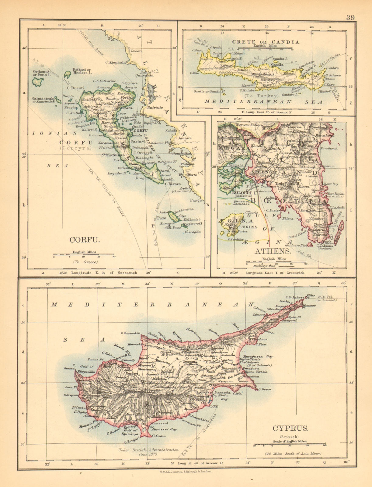 ATHENS & GREEK ISLANDS. Corfu Crete Cyprus Candia.Greece. JOHNSTON 1897 map